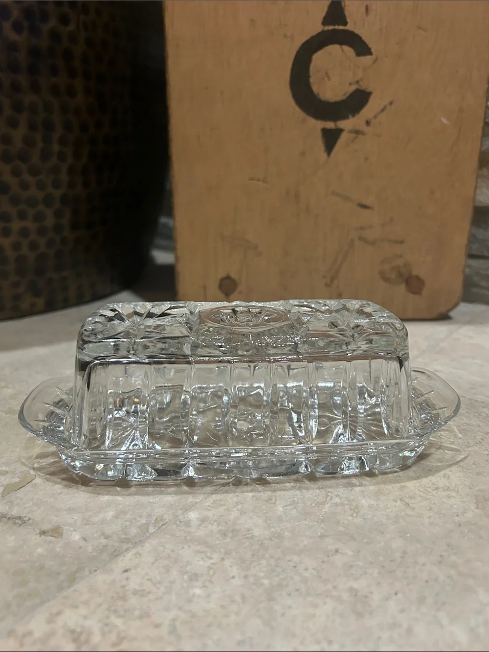 vintage Anchor Hocking (EAPC) Star of David clear glass covered butter dish